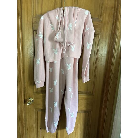 Playboy Bunny Hoodie Womens Pink Hooded Sweatshirt Sweat Pants Crop 6 XS 22” - Picture 2 of 13